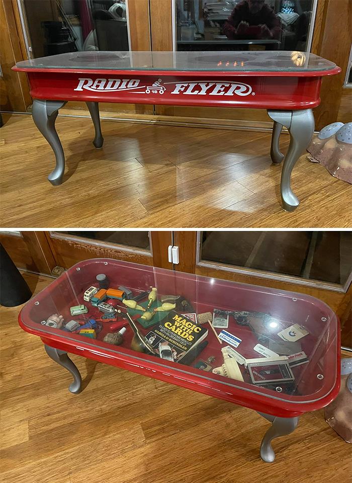 I Made This Showcase Coffee Table By Taking A Radio Flyer Wagon I Purchased On Fb Marketplace And Removed The Wheel And Handle Hardware