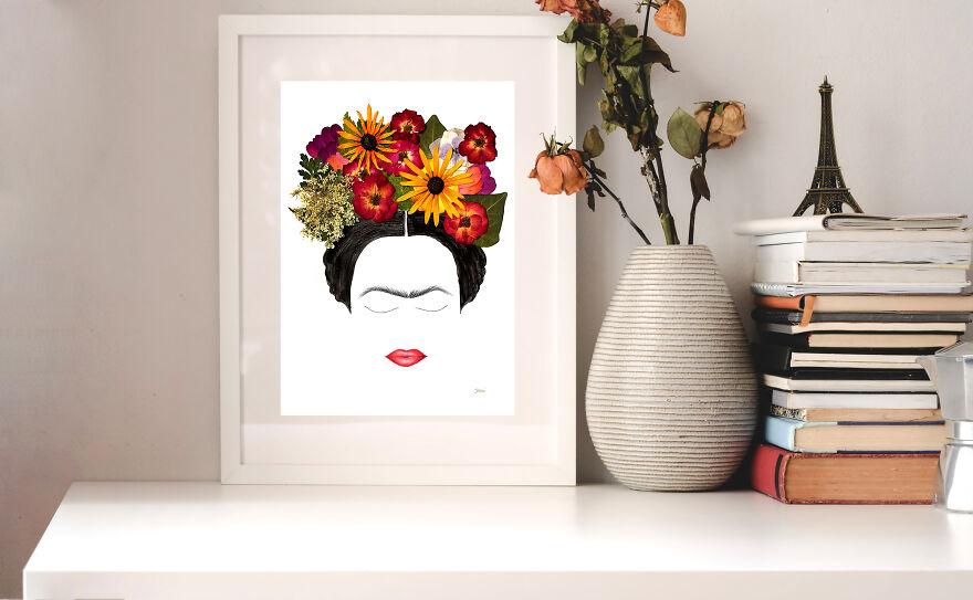 Frida Kahlo Made From Pressed Roses, Rudbeckia Hirta, Hydrangea, Queen Anne's Lace, Zinia Petals, Birch, And Ivy Leaves