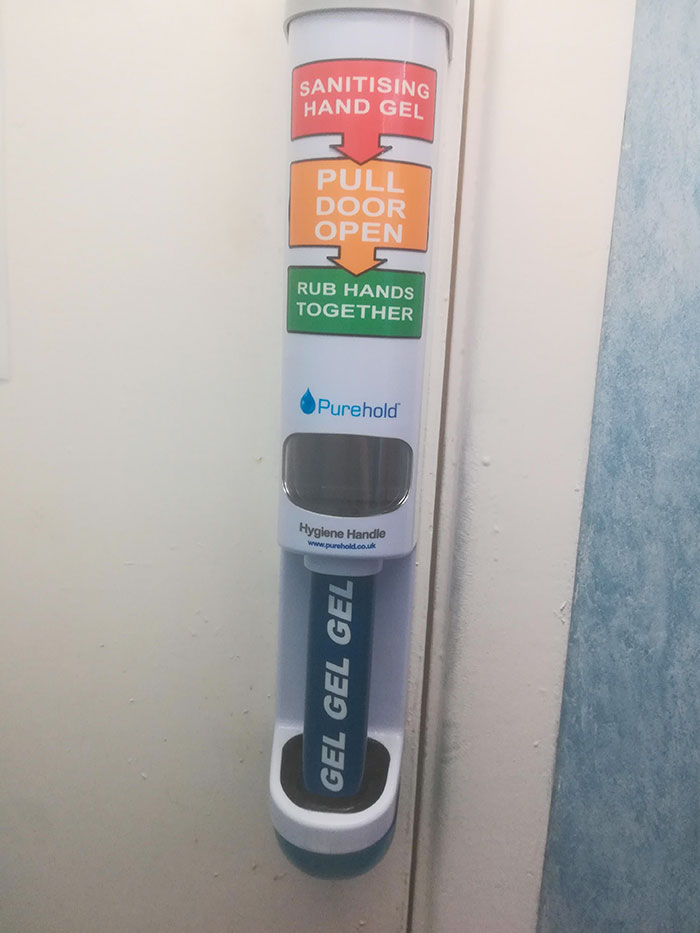 My Work's Bathroom Handle Dispenses Hand Sanitizer When You Open It. So You Can't Leave With Dirty Hands