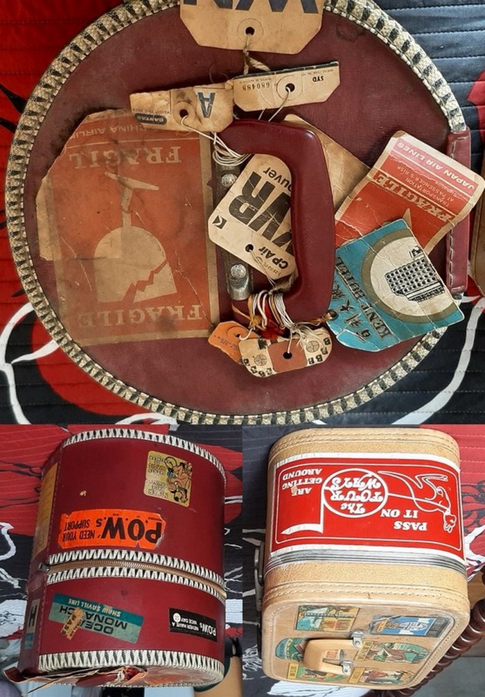 1960s-1970s - My Mum's Well-Travelled Make-Up And Wig Cases. In A Band With My Dad, The Four Ways Bumper Sticker Was From Their Fan Club. Bottom Pic Shows The Cool Baggage Tags And Stickers From Japan Air Lines, China Airlines, Cp Air, Qantas, And Pan Am (Top Black And White Stub With Bs). And Pows Were, Of Course, Prisoners Of War (Vietnam).