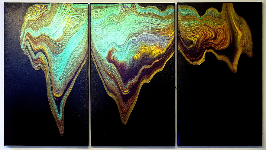 Triptych Acrylic Pour Painting With Dustpan