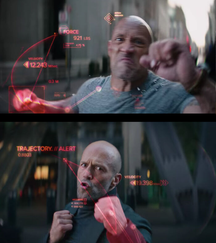 Hobbs And Shaw (2019): Brixton's (Idris Elba's) Exoskeleton Displays Force And Velocity When Hobbs (Dwayne Johnson) Punches Him, While It Displays Trajectory And Velocity When Shaw (Jason Statham) Attacks. This Shows How Rock's Threat Is More Of Absolute Power; With Jason's Being More Of Technique