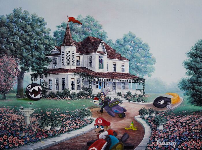 Made This Old Thrift Store Art Into An Epic Mario Kart Race Track! My First Time Ever Painting Characters In Oil Paint. Very Challenging But I Absolutely Love How This Turned Out!