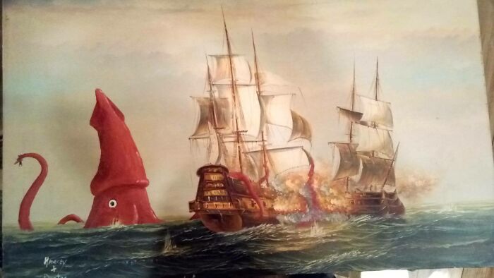 Found A Nice Ship Battle Painting At Goodwill. Thought It Had Too Much Empty Space.(My First Time Painting Anything That's Not A Wall)