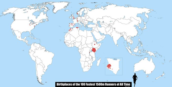 Birthplaces Of The 100 Fastest 1500m Runners Of All Time
