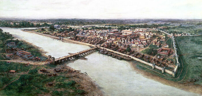 Una impresión artística de la ciudad portuaria romana de Londinium, establecida entre los años 47-50 d.C.