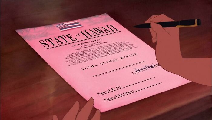 In Lilo & Stitch (2002) Stitch’s Adoption Paper Nani Signs Is Actually A Thank You Letter From The Directors And Producer To The People Who Helped Create The Film