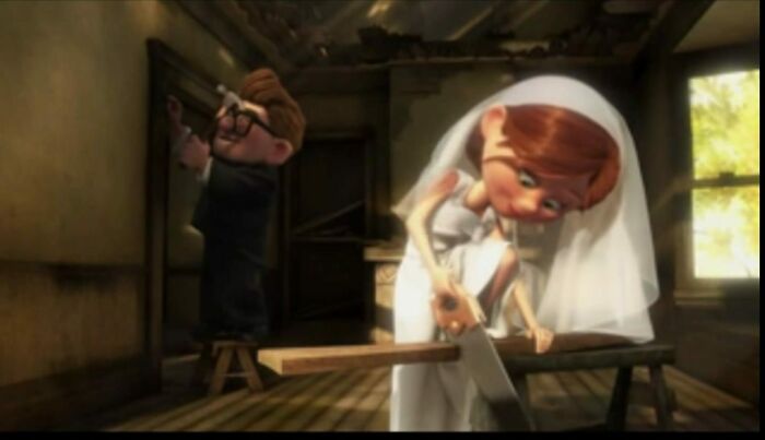 In Disney/Pixar's Up(2009) Carl And Ellie Are Shown Hammering Nails And Sawing Wood On Their Wedding Day. This Is A Once Popular Euphemism Cleverly Disguised As Innocent Enthusiasm To Fix Their Dream Home
