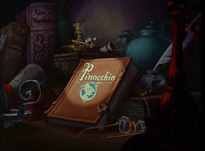 In Pinocchio (1940) When Jiminy Cricket Opens A Book To Tell The Story Of Pinocchio At The Beginning Of The Film, Two Other Books Which Disney Would Later Go On To Animate Are On The Shelf. Alice In Wonderland (1951) And Peter Pan (1953)