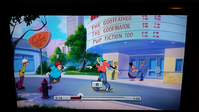 In Disney's "A Goofy Movie", The Gooffather, The Goofinator, And Pup Fiction Too Can Be Seen On The Movie Theater Marquee