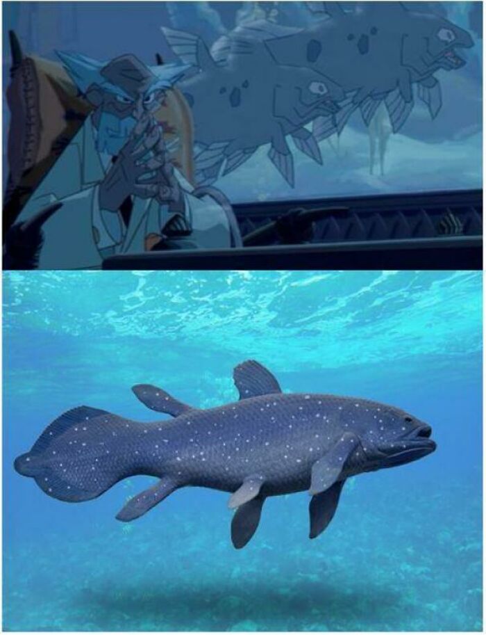 In Disney's Atlantis: The Lost Empire (2001) The Fish Tank Behind Prof. Whitmore Contains Coelacanths Which Some Describe As A Living Fossil