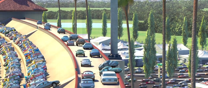In Disney's Cars; At The Final Race Two Vehicles Can Be Seen Spitting Over The Edge Of The Arena