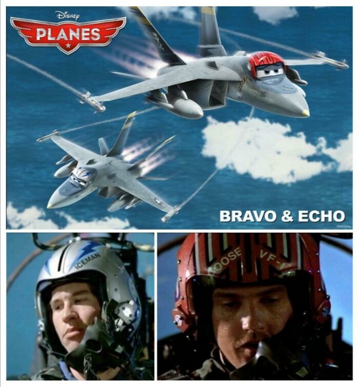 Bravo And Echo, The Two Military Planes From The Disney Movie Planes (2013), Wear Goose And Iceman's Helmets From Top Gun (1986)