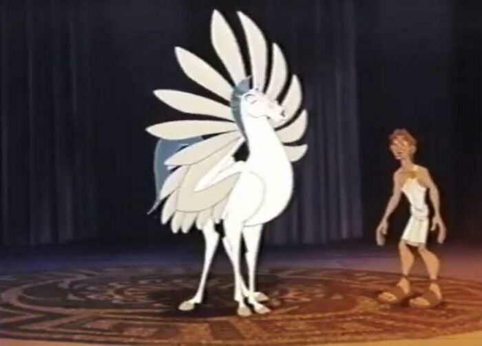 In Disney’s Hercules (1997), Zeus Tells Hercules That Pegasus Has The Brain Of A Bird. Pegasus Then Uses His Feathers To Emulate A Peacock, Which In Greek Mythology Was A Sacred Animal To Hera
