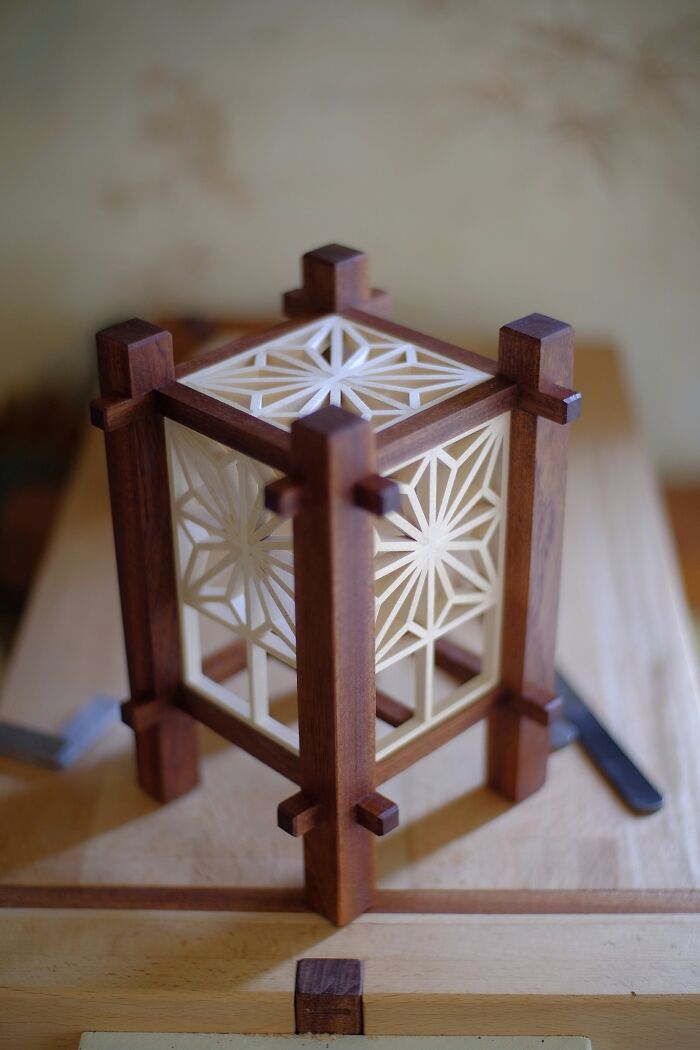 Hope You All Like This Kumiko Lamp I've Been Working On - Hand Tools Only With My Tiny Workbench