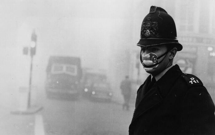 Police Officer Wearing A Face Mask During The London Smog In 1952