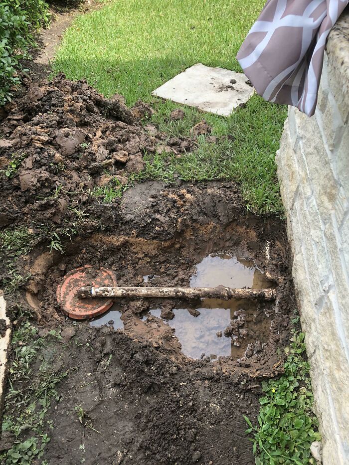 For The Longest Time We Couldn't Figure Out Why Our Outdoor Sink Kept Clogging Up, So We Called Someone To Come Check Out The Plumbing. Turns Out It's All Been Going Into A Home Depot Bucket