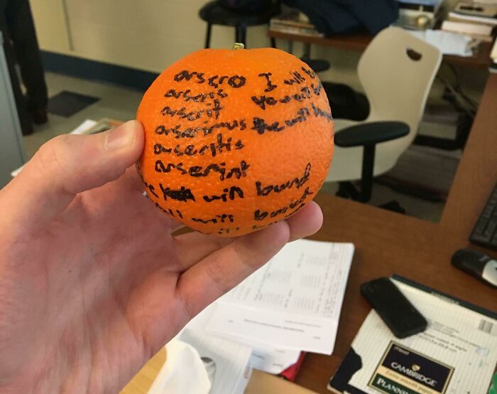 A Kid In My Latin Class Didn't Have A Piece Of Paper, So He Wrote His Quiz On An Orange. The Teacher Accepted It