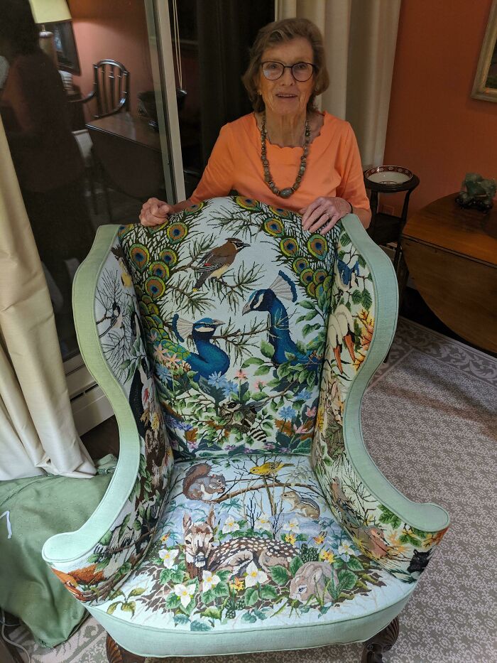 My 86yo Grandmother And Her Handmade Needle Point Chair. 25 Years In The Making And 14 Threads Per Inch