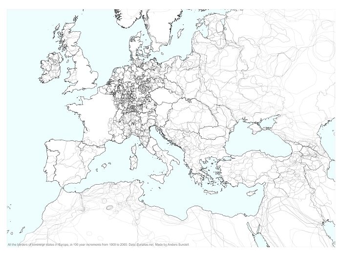 1000 Years Of National Borders In Europe, Overlaid On One Map