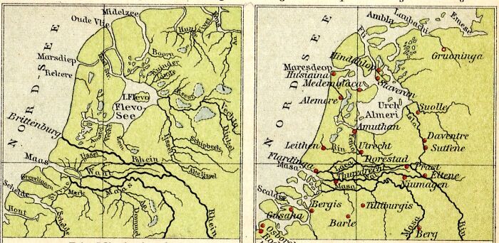 Maps Of The Netherlands Between The 1st Century Ad (Left) And 10th Century Ad (Right) Showing The Effect Of The Constantly Sinking Coastline