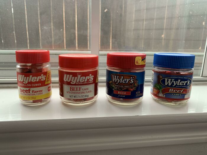 Mom Cleaned Out Her Pantry Cabinet And Found Four Generations Of Wyler’s Beef Cubes. Oldest One Expired 2/14/1989