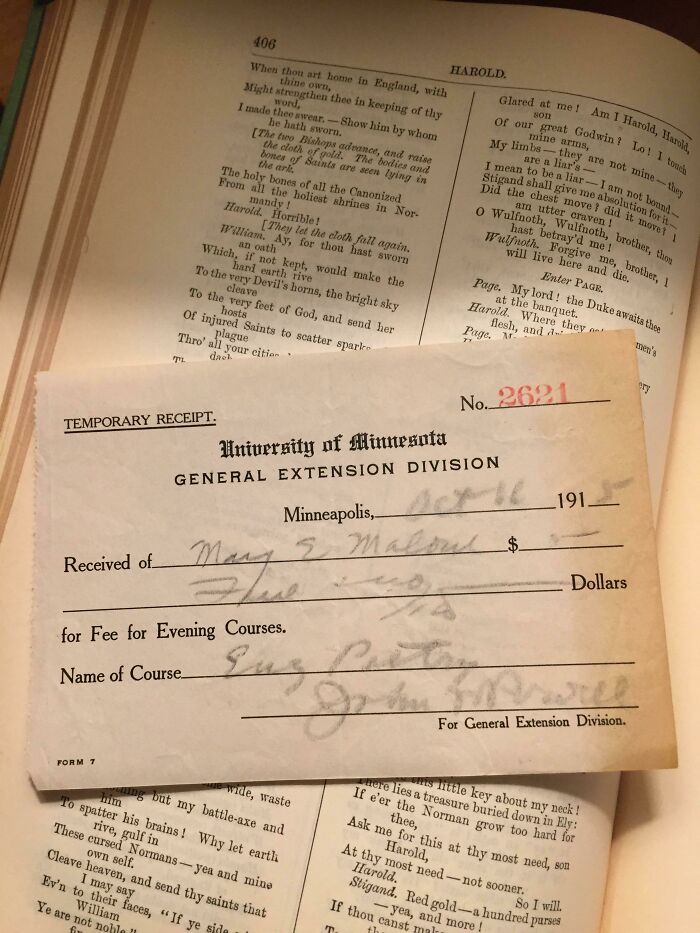 Purchased Old Poetry Book At Flea Market And Found This Old Receipt For A College Poetry Class. This Receipt Has Been In This Book For 102 Years!