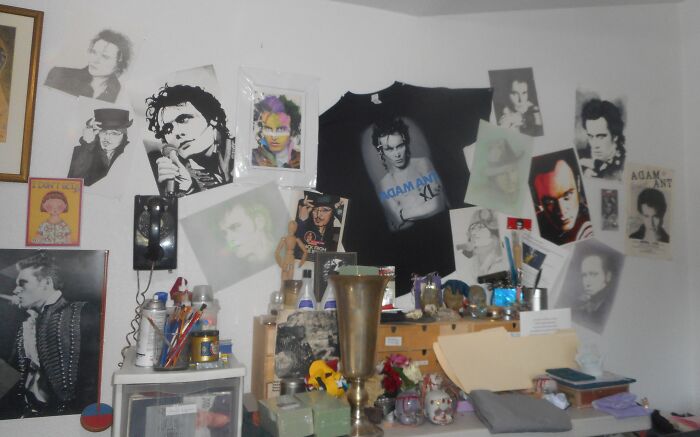 Adam Ant Stuff. This Is In My Art Room. Some Of The Original Art I Created, The Rest Original Art Is From A Young Man In England. I Have More, But This Was The Easiest To Photograph. Ignore All The Stuff Stacked In Front Of The Adam Display. My Art Room Is An Adventure!