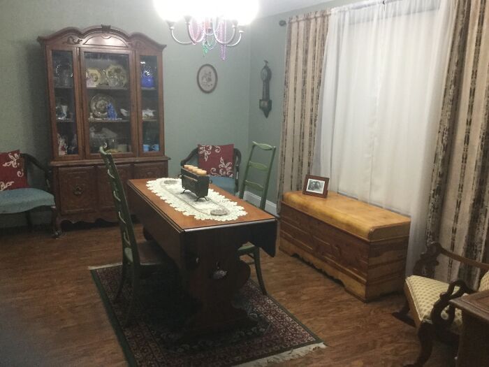 All Family Heirlooms: Table/Chairs From 1870s, Chest From The 30s, China Cabinet From 40s With The Clock And Knitting’s On The Wall From 1900. Our House Is All Antiques,, So Many Wonderful Stories