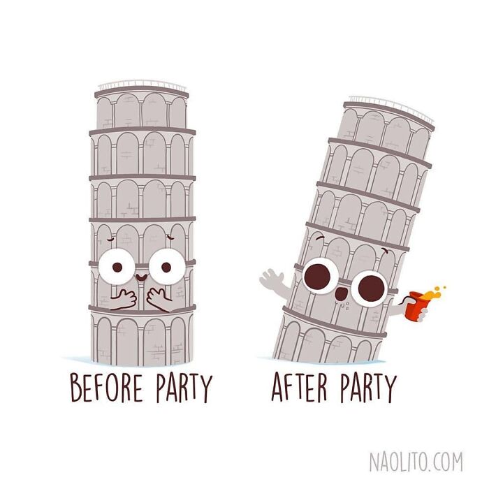 Before After Party (Hard 😅) #beforeandafter #beforeafter #funny #pisa #pisatower #italy #cute #kawaii #humorous #funnyart #aww #awesome #party #beer #wastes #lovely #indieart #indieartists #indieartist #artprint #illustration #photoshop