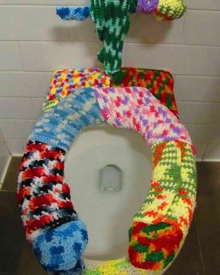 This Artistic Technique Is Called Yarn Bombing... Which Is Not The Same As The Bomb I’m About To Drop On This Toilet