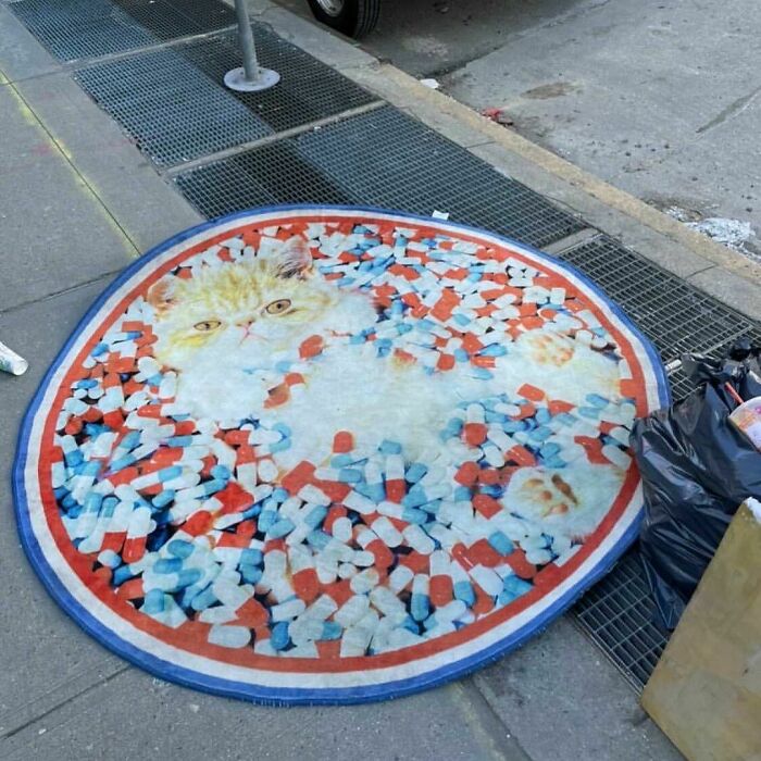 This Might Be The Strangest Rug Of All Time. Is It Pills With A Cat? What??? Metropolitan And Graham (Not Grand!)!