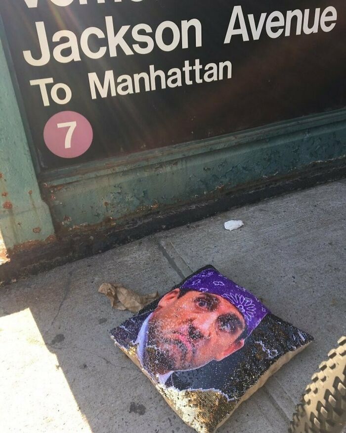 “Would I Rather Be Feared Or Loved? Easy. Both. I Want People To Be Afraid Of How Much They Love Me.” Michael Scott Sequined Pillow. At 50th Ave And Jackson Ave By The Train Station Entrance In Front Of Chase Bank Lic Queens
