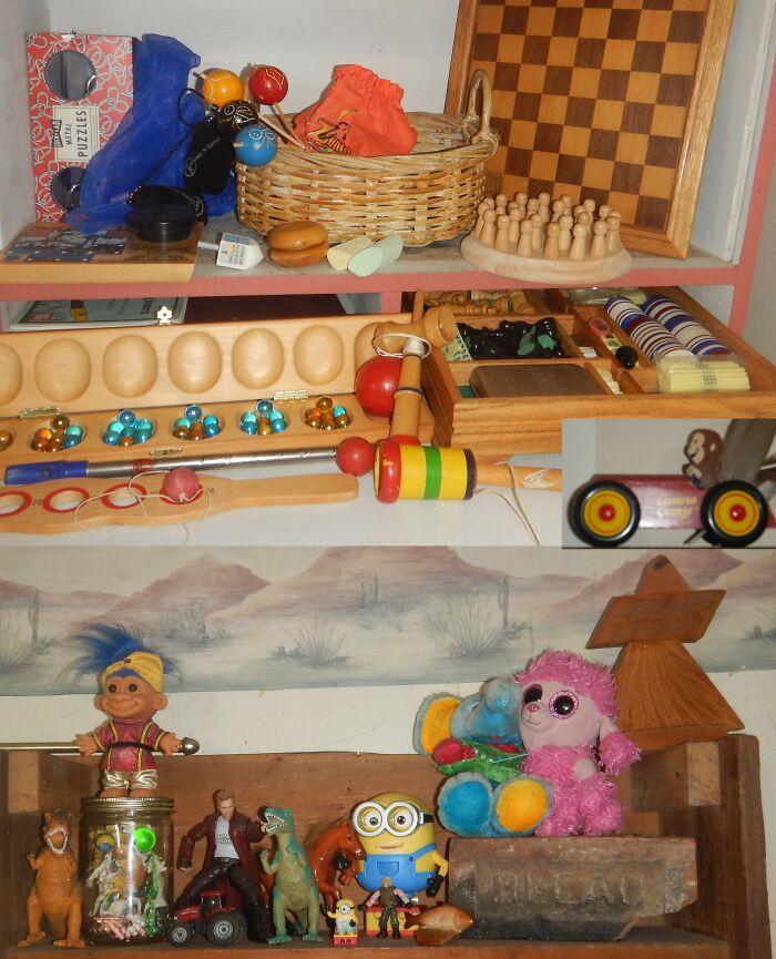 Toys, Especially Wooden Toys. The Farm Animals In The Glass Jar Are From My Childhood - 50 Years Ago. Not Shown Is My Bone And Mahogany Mahjong Set