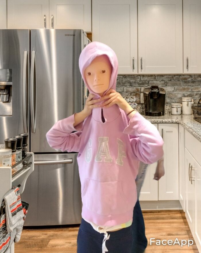 My Sister With A Hair Doll On Her Head (Not My Kitchen, It's Photoshopped Because My Dad Was Walking Past)