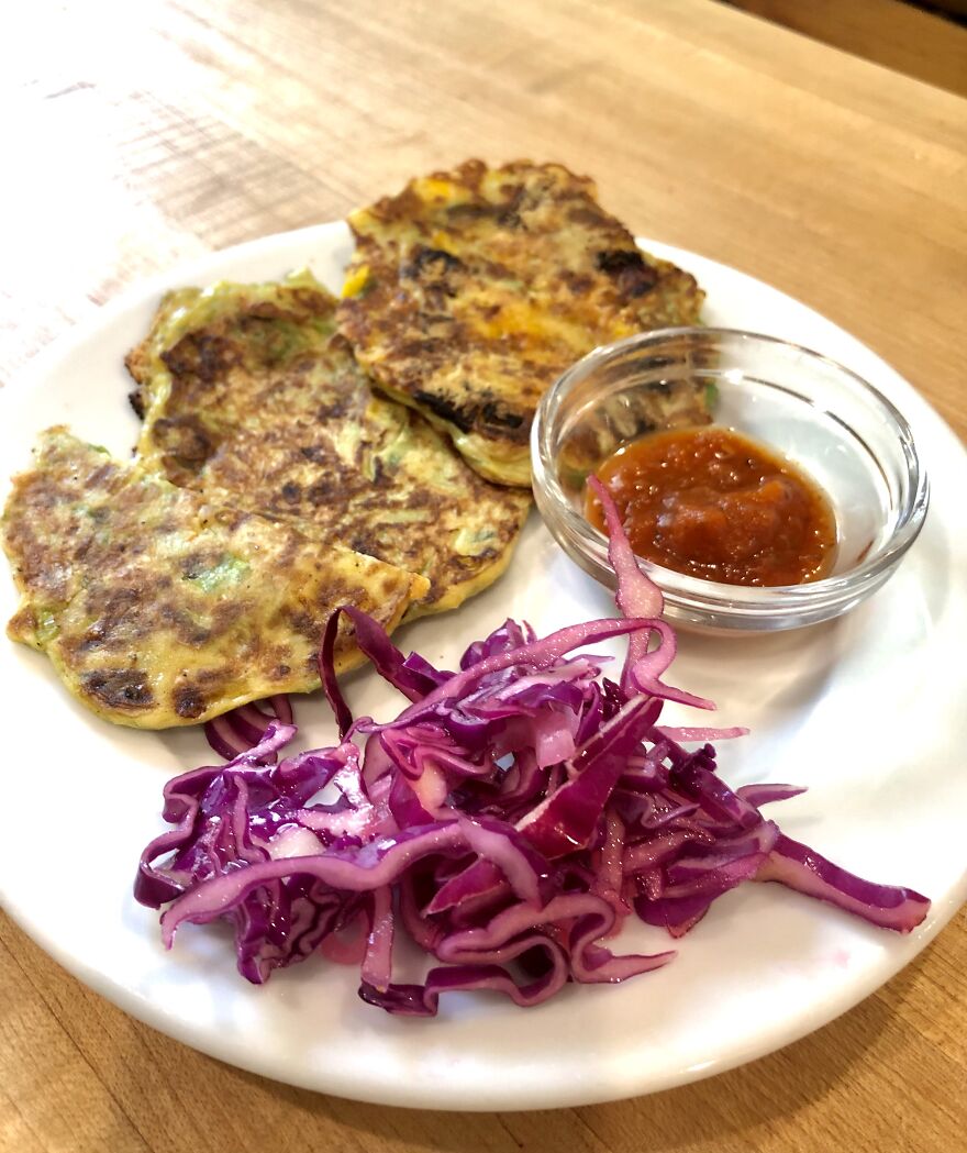 Cheesy Bacon, Corn, And Scallion Pancakes With Pickled Cabbage