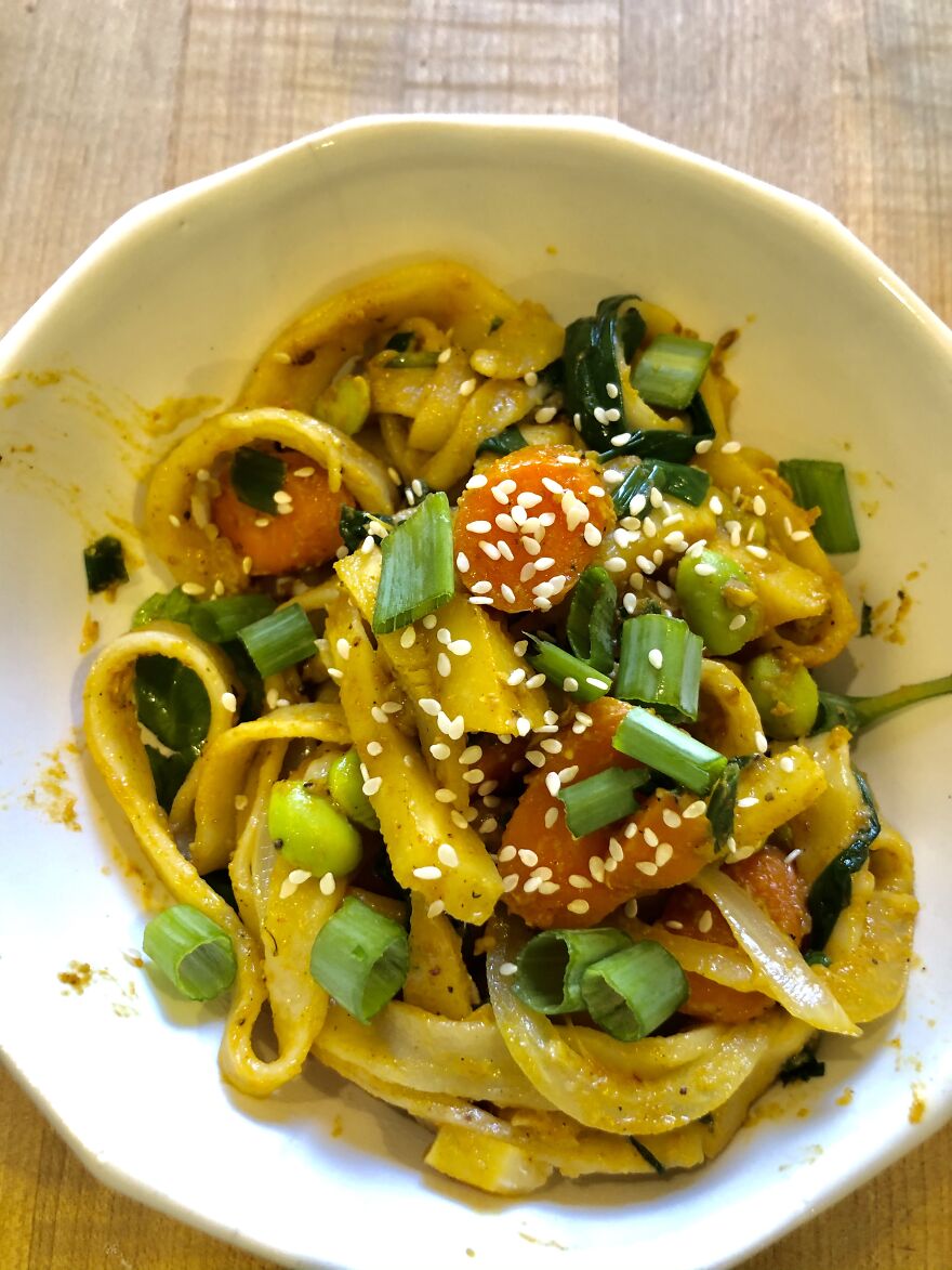 Curried Homemade Udon With Carrots, Edamame, And Parsnips