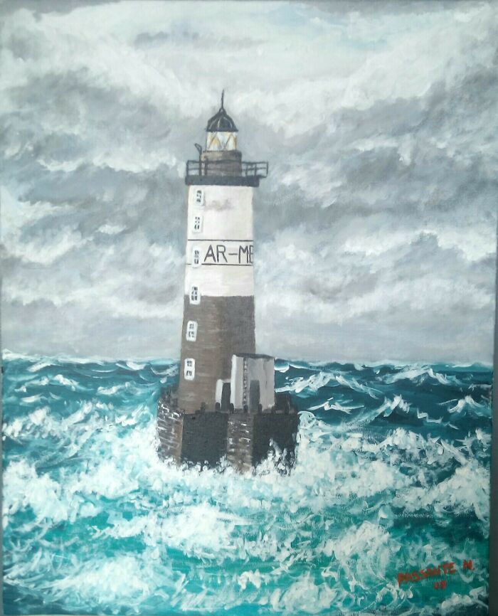 Ar Men Lighthouse, Bretagne, France. Acrylic Paint.