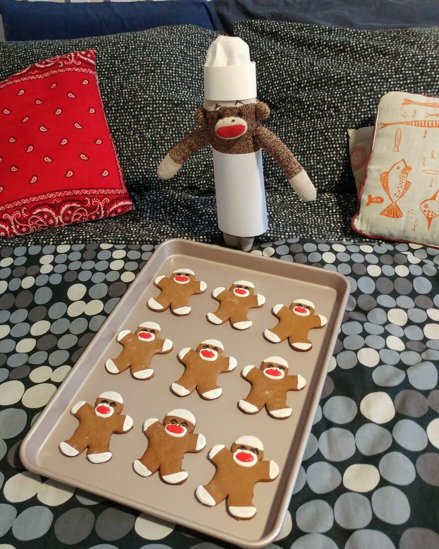 Since Covid Began, I Have Tried To Make My Wife Laugh Every Day By Creating Amusing Situations With A Sock Monkey. Here Are 40.