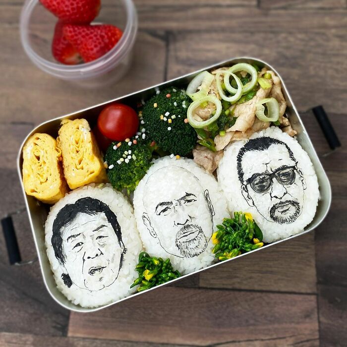 Bento artist creates detailed lunchboxes with rice portraits of favorite TV shows and movie characters for her husband.