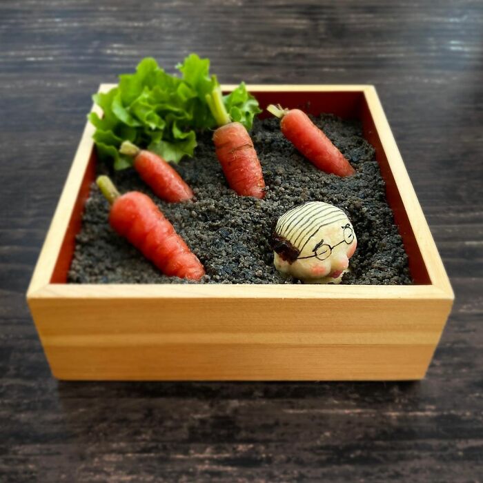 Bento artist creates lunchbox with edible carrots and a cute character head in soil-themed design for her husband.