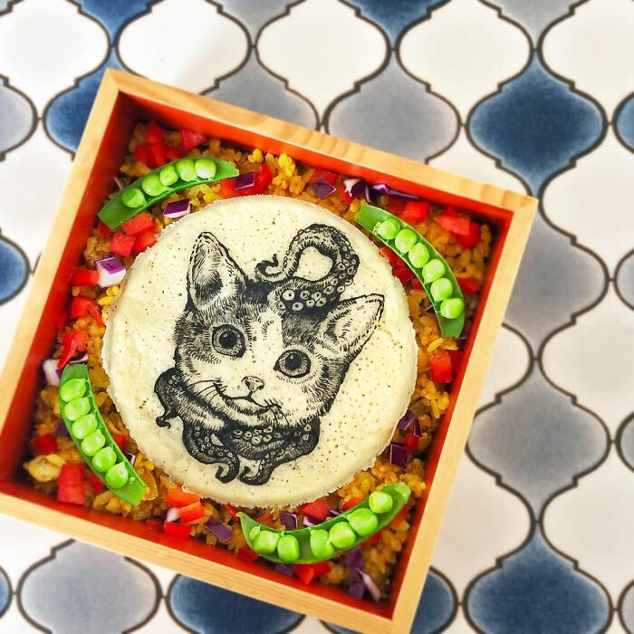 Bento artist creates detailed lunchbox with rice and vegetables featuring cat and octopus design for husband.
