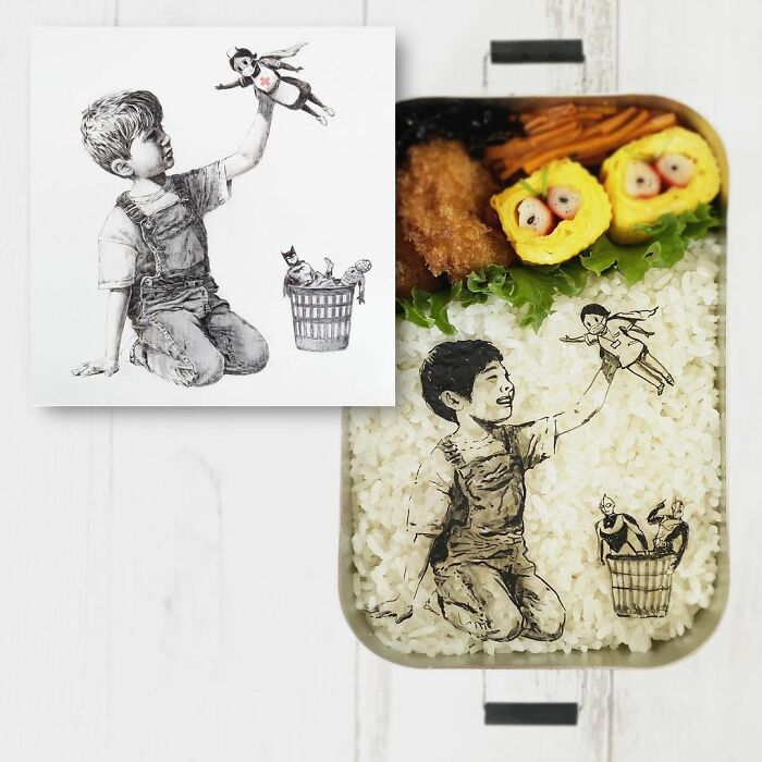 Bento artist creates detailed lunchbox art featuring favorite TV shows, movies, and manga characters on rice and food.