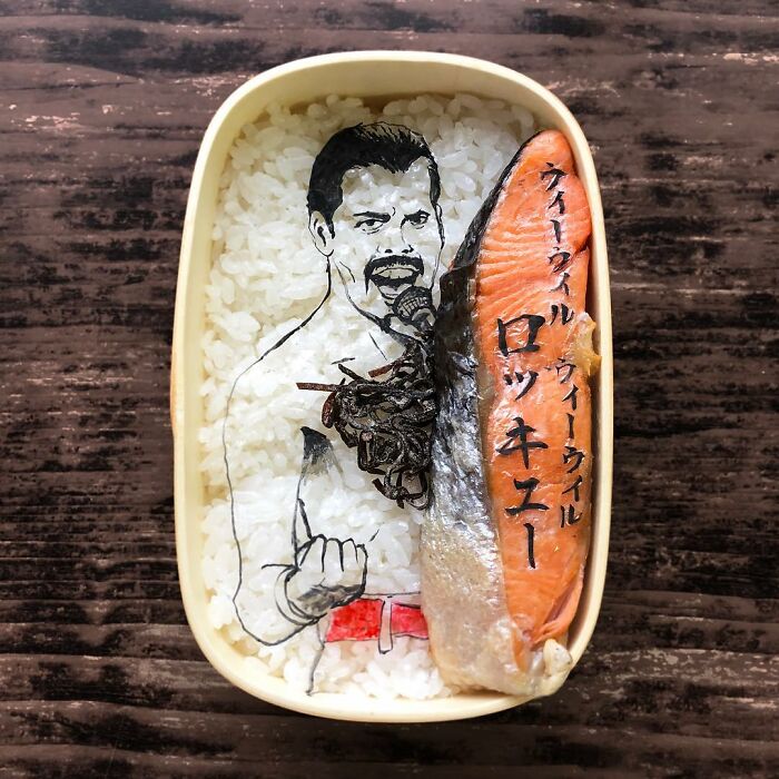 Bento artist creates detailed lunchbox featuring a TV show character made from rice, fish, and seaweed art.