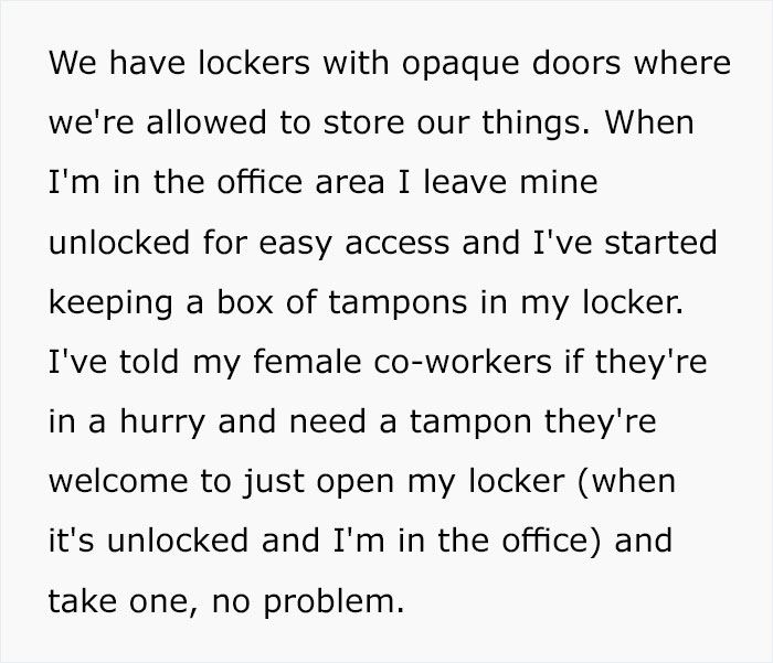 Male Colleague Complains About Seeing A ‘Disgusting’ Tampon Box In Woman’s Locker, So She Makes The Box Look Even More ‘Extra’
