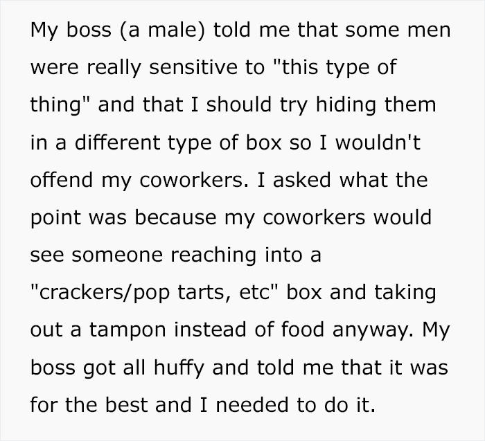 Male Colleague Complains About Seeing A ‘Disgusting’ Tampon Box In Woman’s Locker, So She Makes The Box Look Even More ‘Extra’