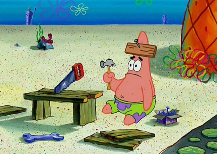 Patrick from spongebob with a board nailed to his head
