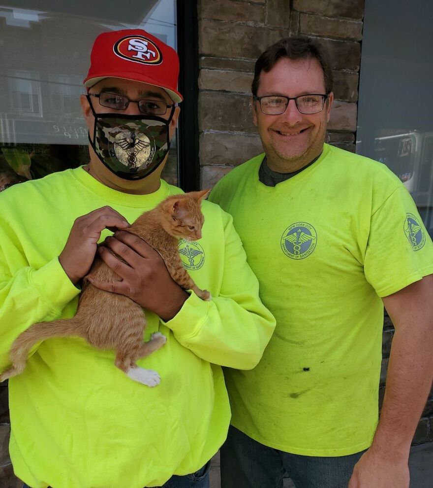 Two Unsuspecting Sanitation Workers Find A Cat In A Garbage Bag, Rescue Him, And Find Him A Shelter