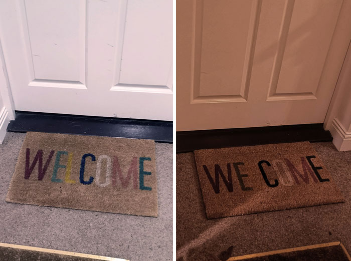 This Doormat Belonging To A Couple Living In My Building. Day Time Doormat Message vs. Night Time Doormat Message