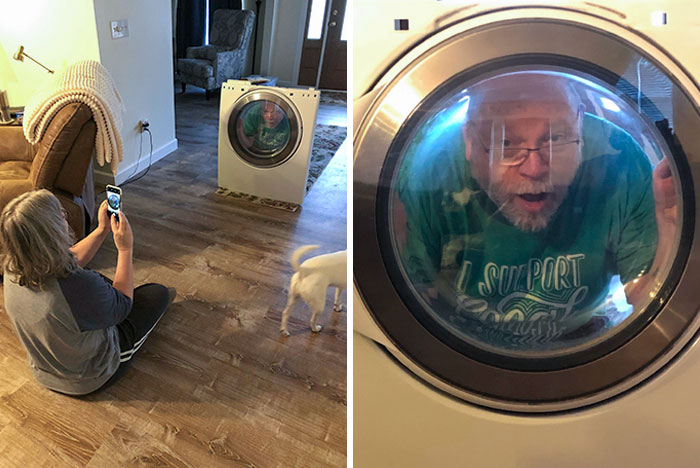 This Is What True Love Looks Like. My Mom Taking A Picture Of My Dad Acting Like He’s Stuck In The Dryer